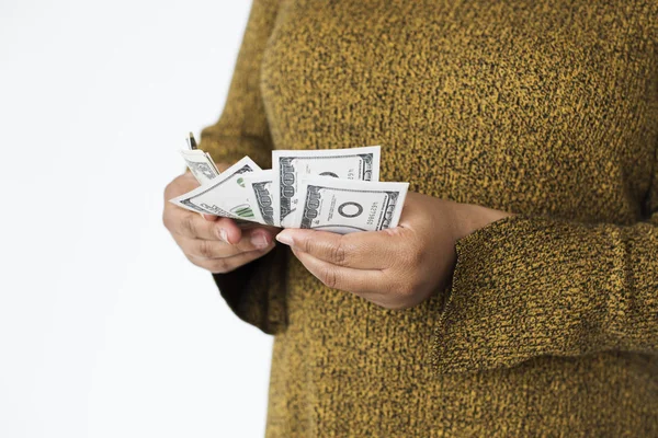 Nő kezet számolás dollárt — Stock Fotó