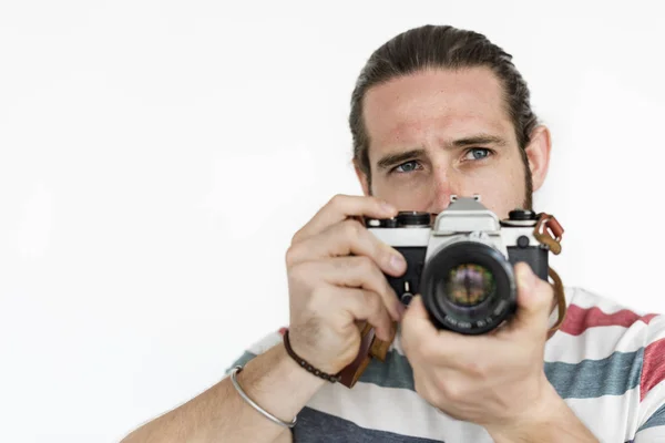 Homem segurando câmera — Fotografia de Stock