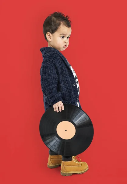 Boy Standing and Holding vinyle record — Photo