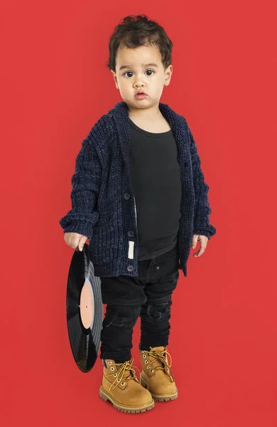 Boy Standing and Holding vinyle record — Photo