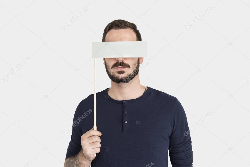 Man Covering Eyes with blank