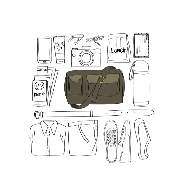 Equipamiento del paquete de viaje de dibujo — Vector de stock