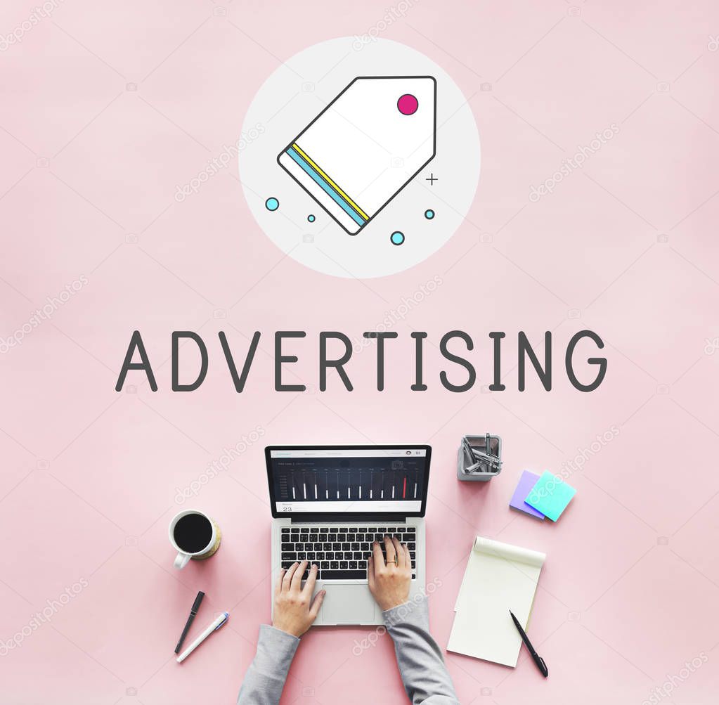 Top view of person working on laptop computer, Advertising Concept