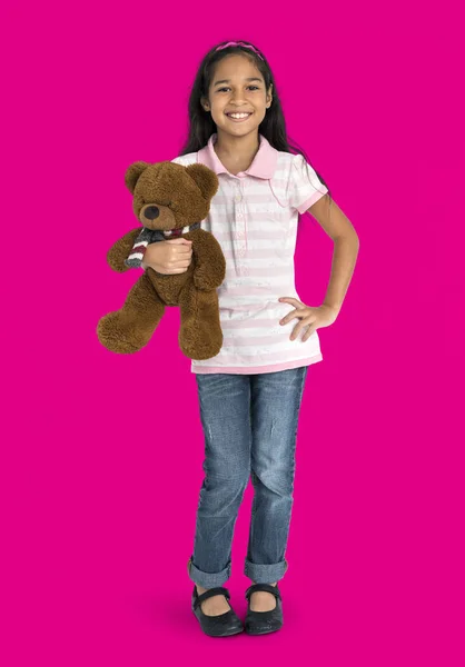 Cheerful girl with teddy bear — Stock Photo, Image