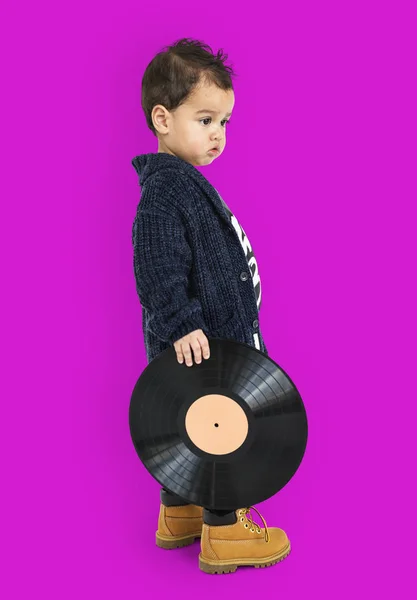 Boy Standing and Holding vinyle record — Photo