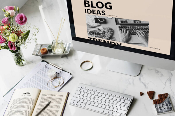 workplace table with computer monitor