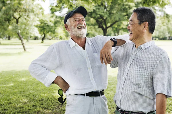 Senior vänner skrattar i park — Stockfoto