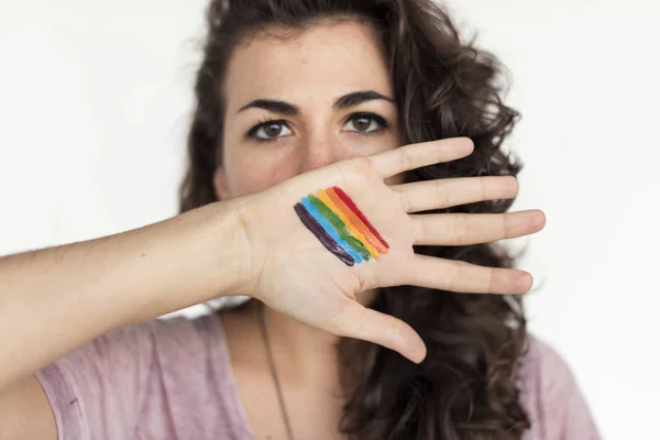 Mulher com bandeira lgtb — Fotografia de Stock