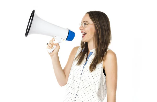 Mujer hablando en altavoz — Foto de Stock