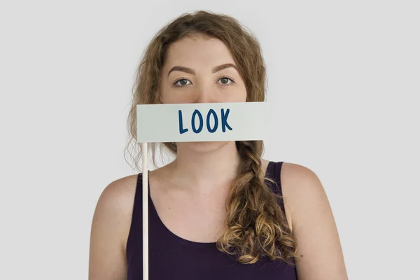 Woman Covering mouth with blank — Stock Photo, Image