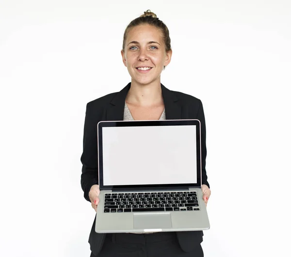 Business woman holding laptop Stock Image