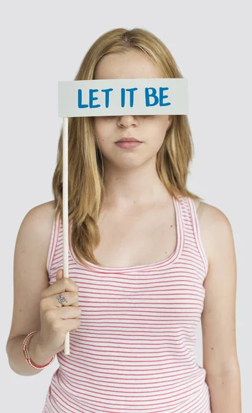 Woman Covering Eyes with blank — Stock Photo, Image