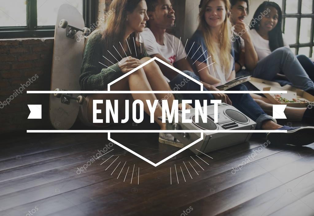 Group of diversity friends sitting on floor and eating pizza, listening music and smiling, text: Enjoyment