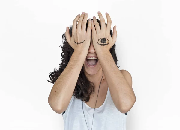 Mulher com olhos de desenho nas mãos — Fotografia de Stock