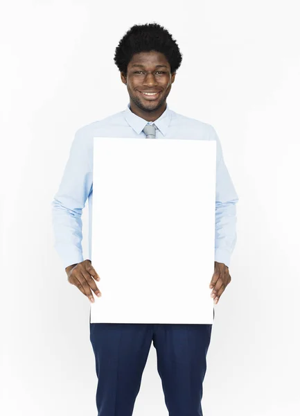 Afrikanischer amerikanischer Geschäftsmann mit Banner — Stockfoto