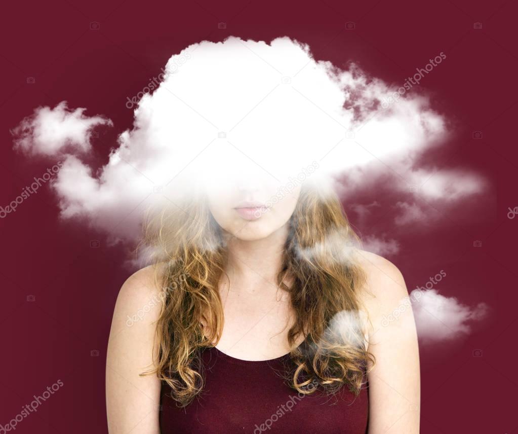 Woman with cloud on head.