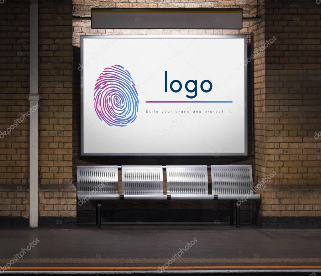 Train station with banner on wall. Concept Logo