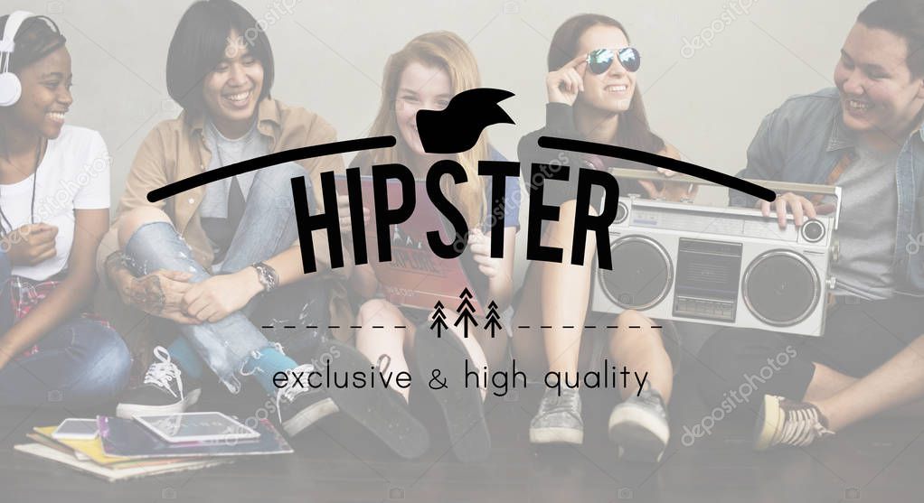 Cheerful diversity teenagers together sitting on floor with vinyl records and boombox, music concept, graphic text: Hipster