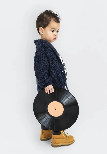 Boy Standing and Holding vinyle record — Photo