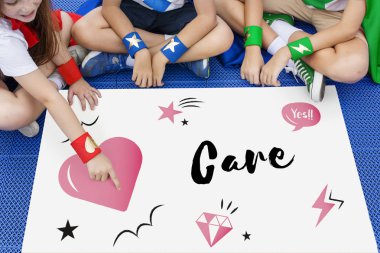 Superheroes kids sitting on floor with poster   clipart