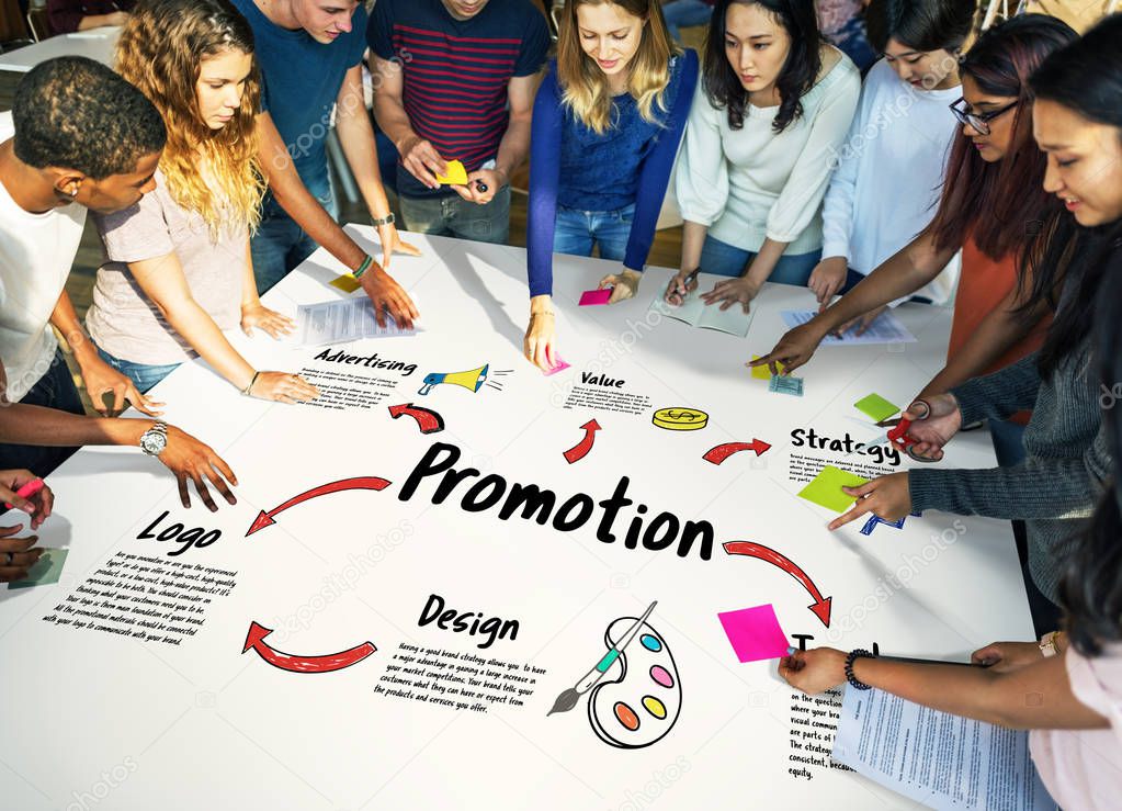 Diversity group of students at workplace table, education and university concept, text: Promotion