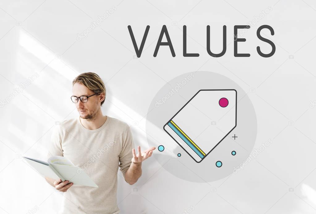 Businessman working near poster with Concept Values