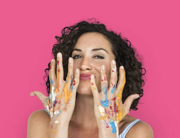 Artist woman with painted hands — Stock Photo, Image