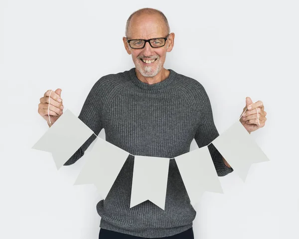 Caucasian Old Man Holding Banners — Stock Photo, Image