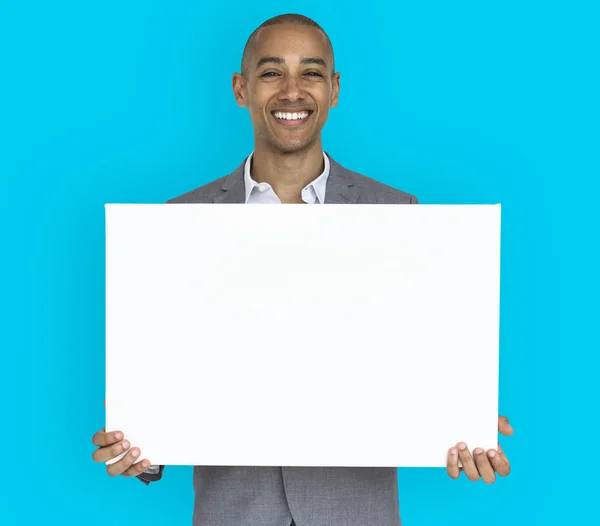 Businessman Smiling Happiness Holding Placard Copy Space Concept — Stock Photo, Image
