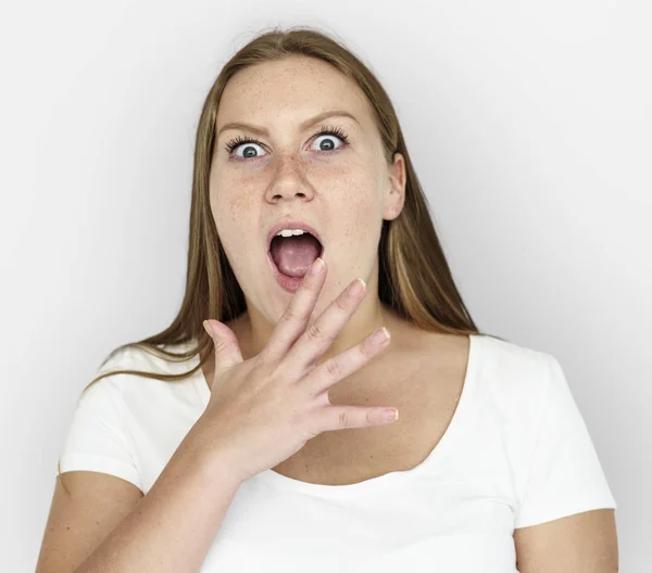 Καυκάσιος γυναίκα σοκαρισμένος — Φωτογραφία Αρχείου