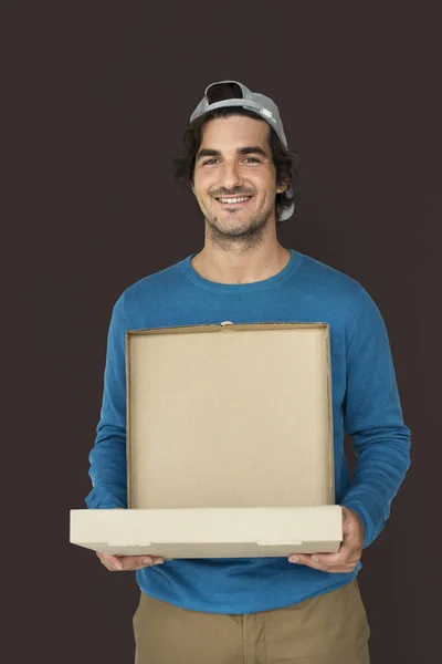 Pizza Boy segurando caixa — Fotografia de Stock