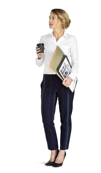 Businesswoman with Coffee and Folders — Stock Photo, Image