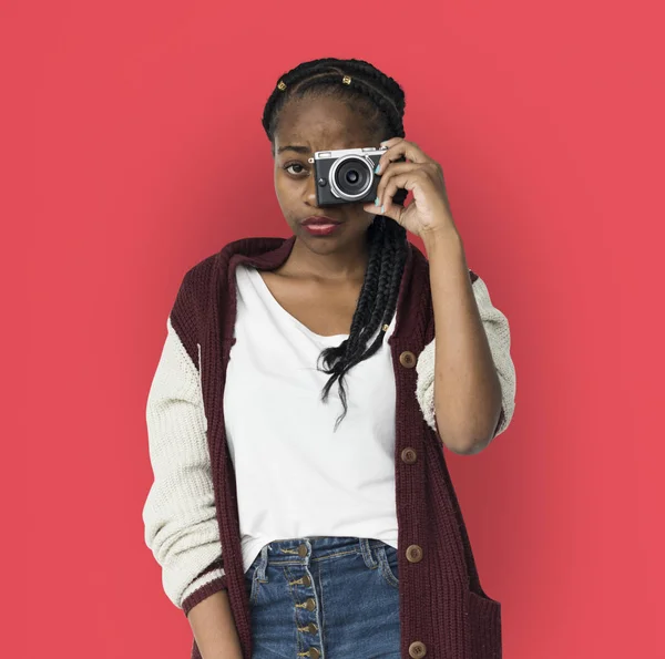 Young woman with retro camera — Stock Photo, Image