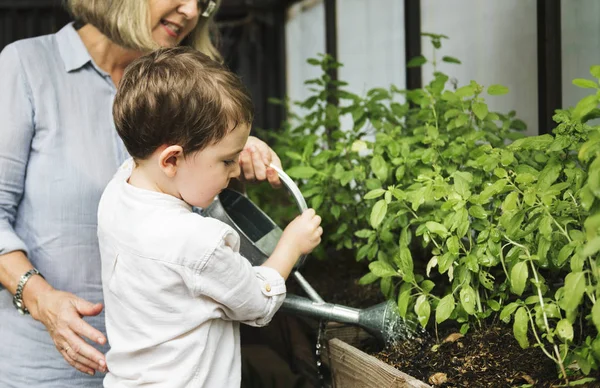 Mormor vattning växter med barnbarn — Stockfoto