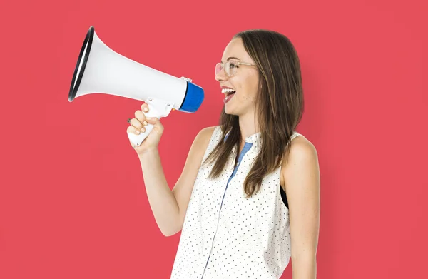 Woman talking in megaphone — Stock Photo, Image