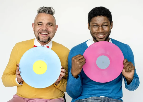 Men holding vinyl disks — Stock Photo, Image