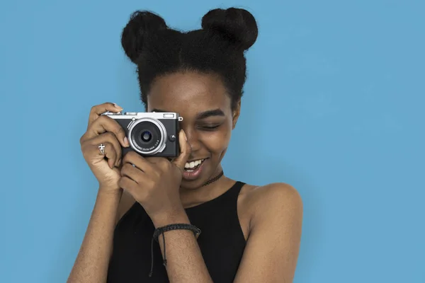 African woman with camera — Stock Photo, Image