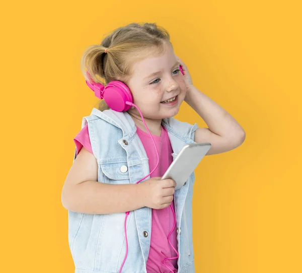 Słuchajcie dziewczyny Muzyka Słuchawki — Zdjęcie stockowe