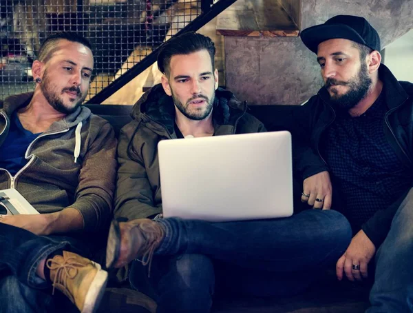 Men friends using laptop — Stock Photo, Image