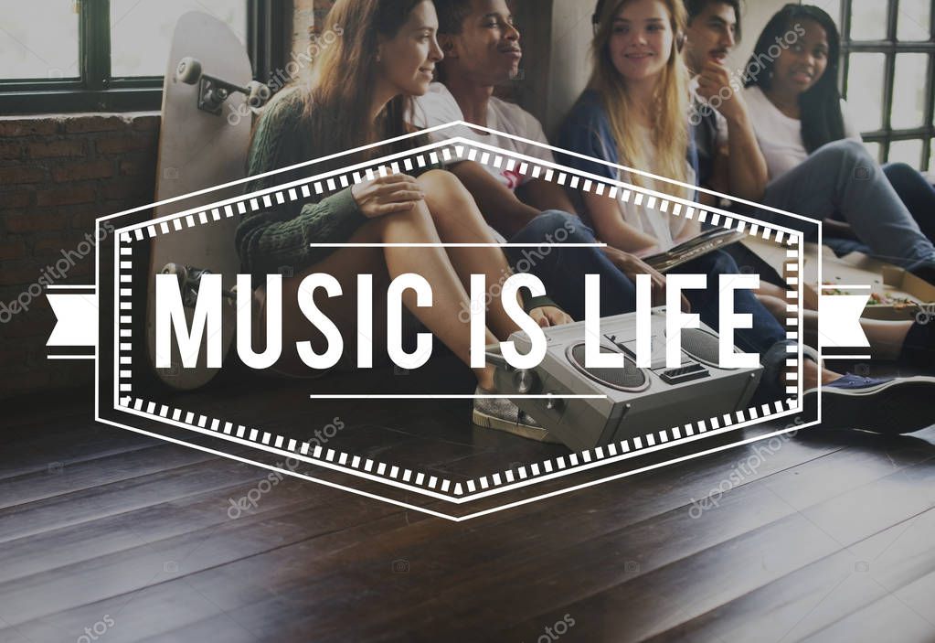 Group of young friends spending time together, Music Is Life concept