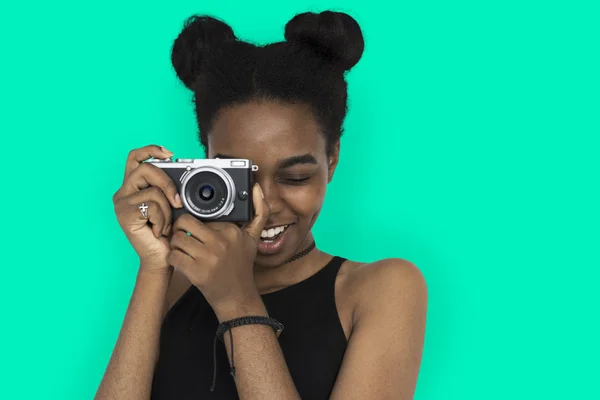 African woman with camera — Stock Photo, Image