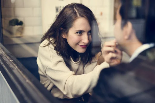 Girl touching boyfriends lips — Stock Photo, Image