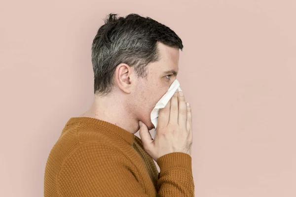 Man Sneezing in Handkerchief — Stock Photo, Image