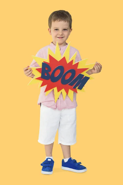 Pojken håller pow word — Stockfoto
