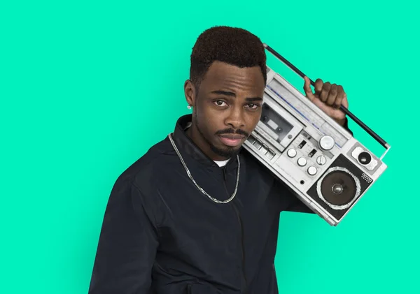 Attractive African man with boombox — Stock Photo, Image