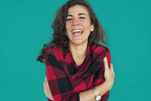 Mulher feliz em camisa vermelha — Fotografia de Stock