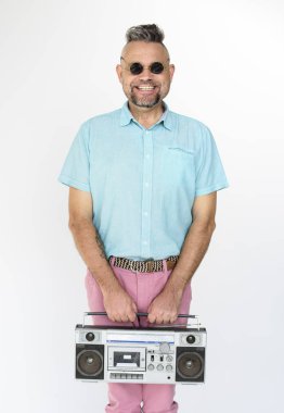 adam holding boombox