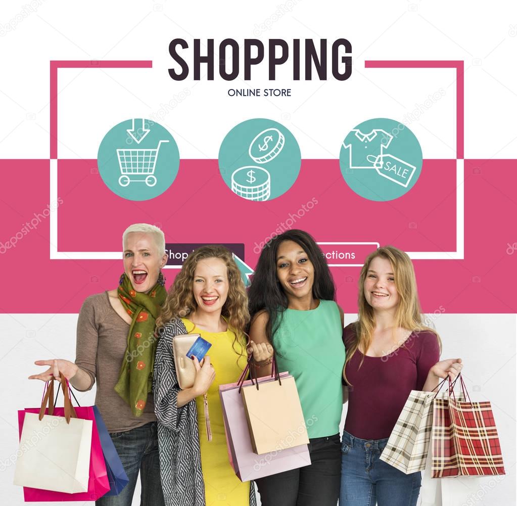 multiracial women with shopping bags