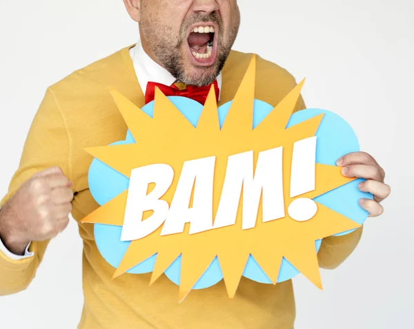 Hombre sosteniendo letras BAM —  Fotos de Stock