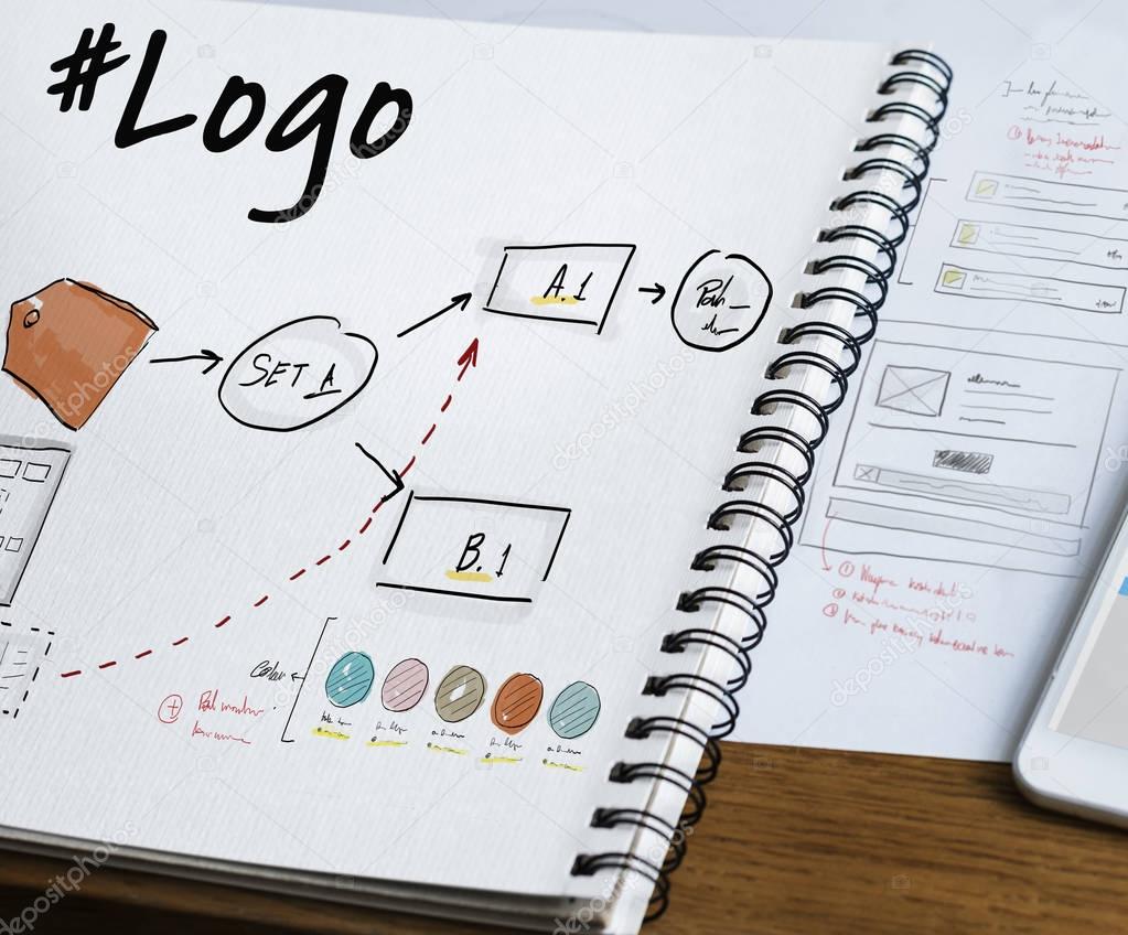 Notebook with Logo text and sketch on wooden table